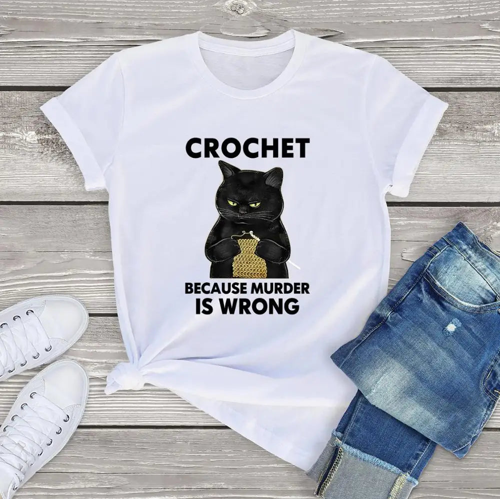 Cat Crocheting T-shirt: 'Because murder is wrong' text