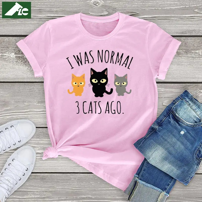 Three Cats T-shirt: 'I was normal 3 cats ago' text