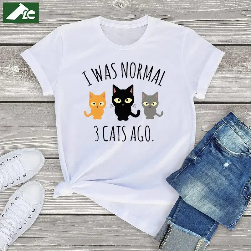 Three Cats T-shirt: 'I was normal 3 cats ago' text