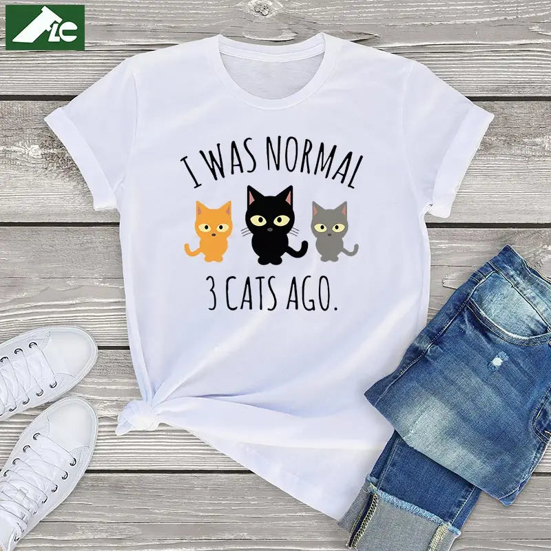 Three Cats T-shirt: 'I was normal 3 cats ago' text