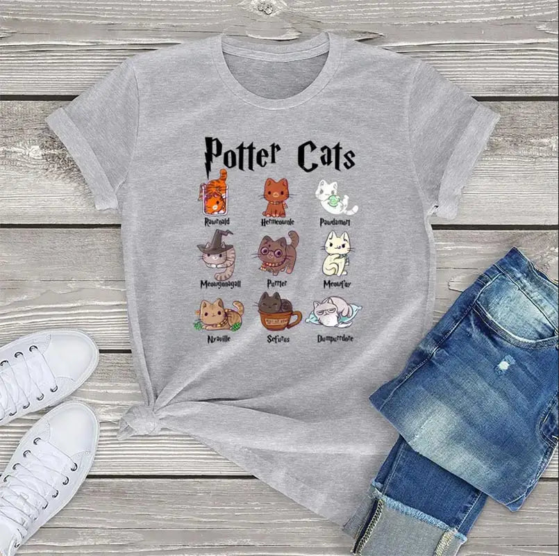 Potter Cats T-shirt: Nine wizard cats with 'Potter Cats' text