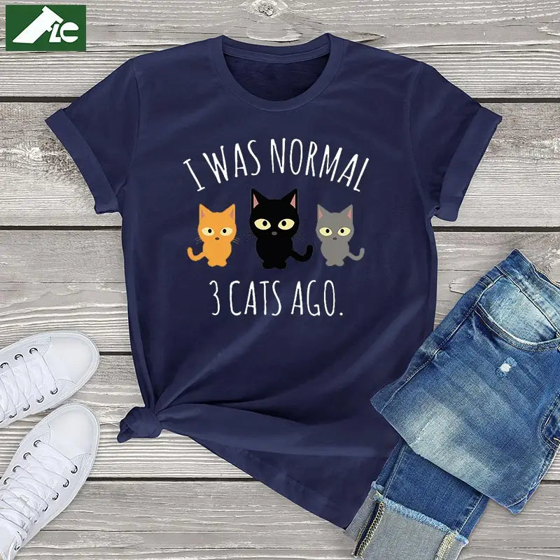 Three Cats T-shirt: 'I was normal 3 cats ago' text