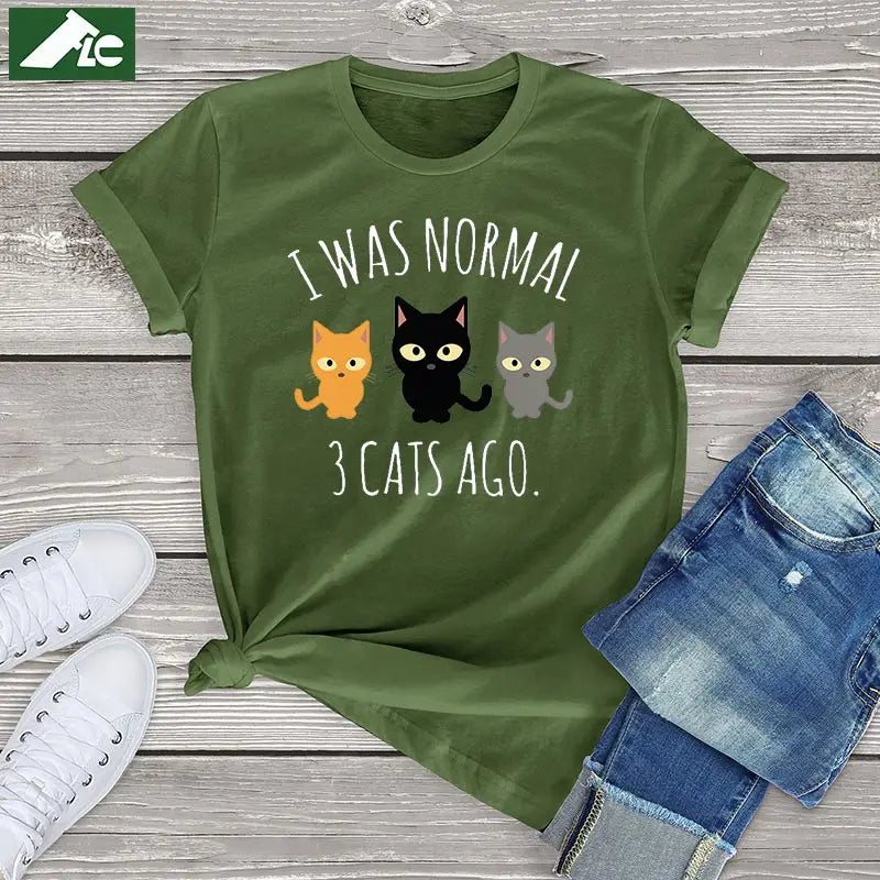 Three Cats T-shirt: 'I was normal 3 cats ago' text