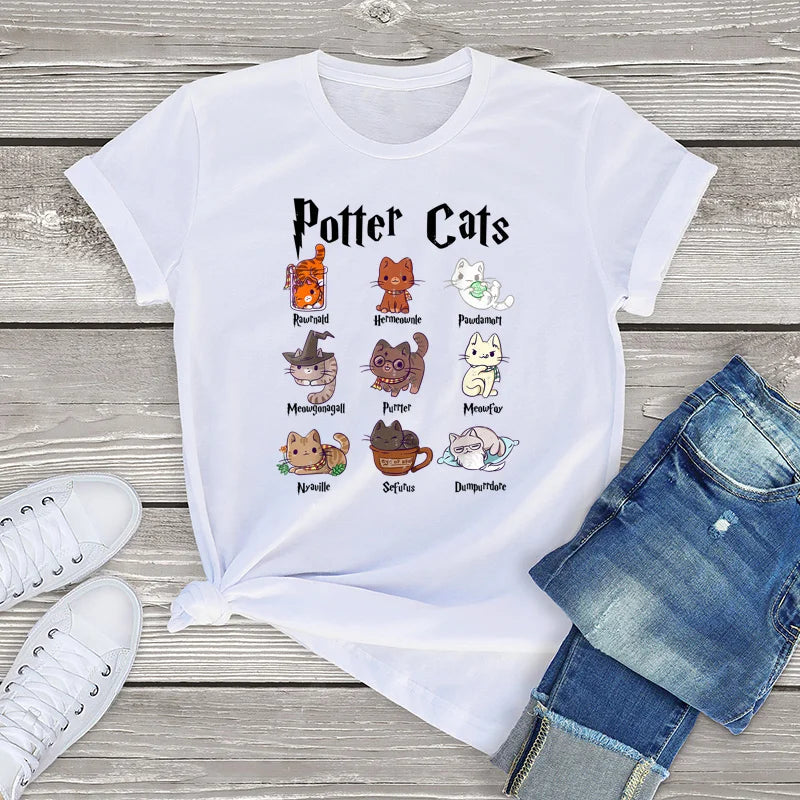 Potter Cats T-shirt: Nine wizard cats with 'Potter Cats' text