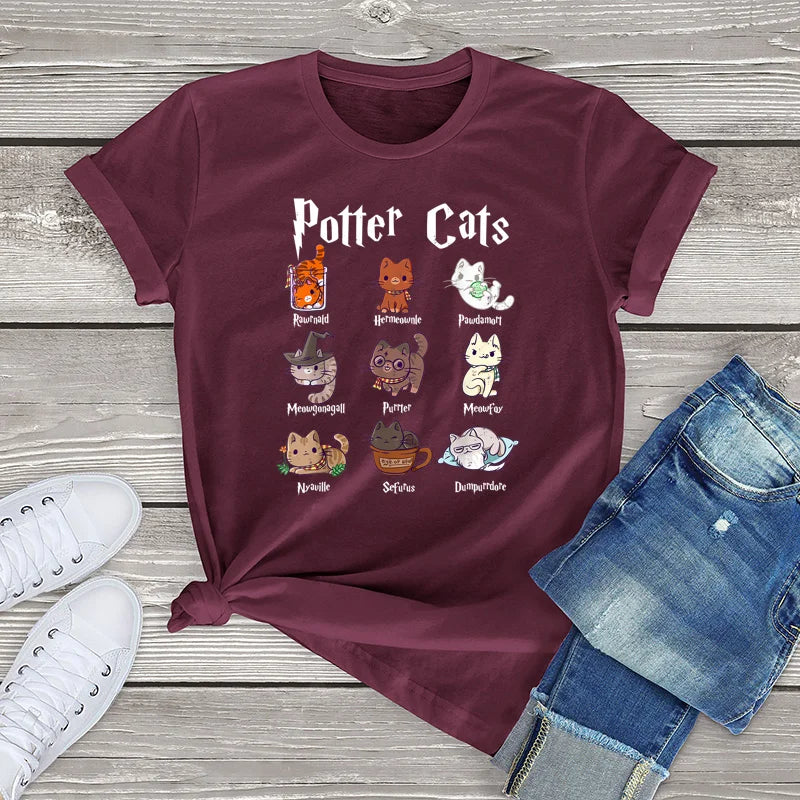 Potter Cats T-shirt: Nine wizard cats with 'Potter Cats' text