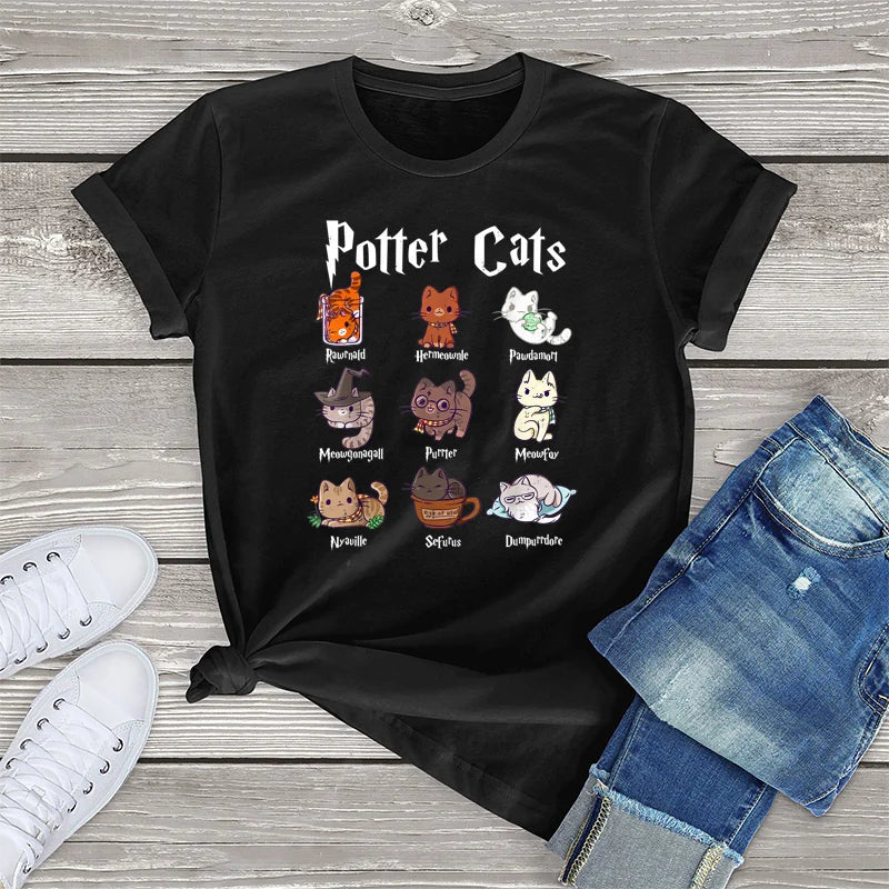 Potter Cats T-shirt: Nine wizard cats with 'Potter Cats' text