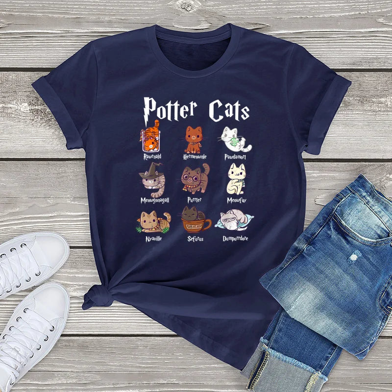 Potter Cats T-shirt: Nine wizard cats with 'Potter Cats' text