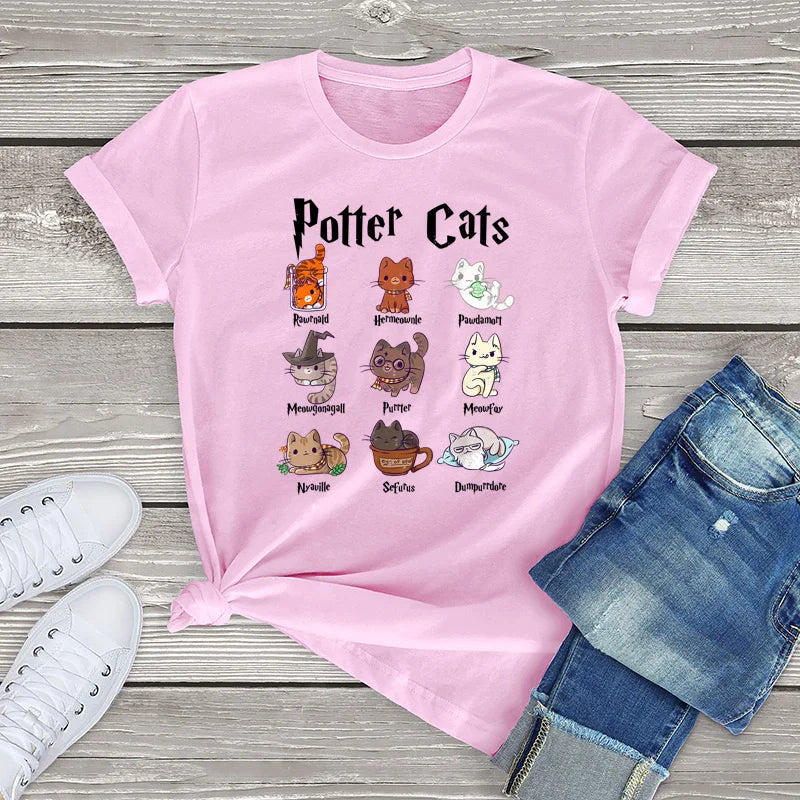 Potter Cats T-shirt: Nine wizard cats with 'Potter Cats' text