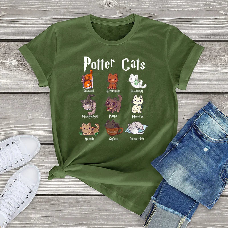 Potter Cats T-shirt: Nine wizard cats with 'Potter Cats' text